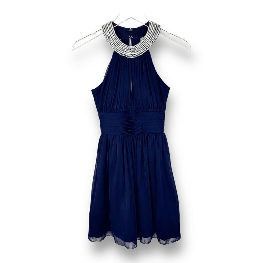 Speechless Junior‎ Halter Style Chiffon Navy Cocktail Dress with Pearl Collar 1